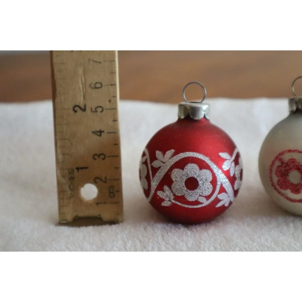 Vintage Lot 6x Glass Ball Red White Glitter Christmas Ornament Flower 1.75